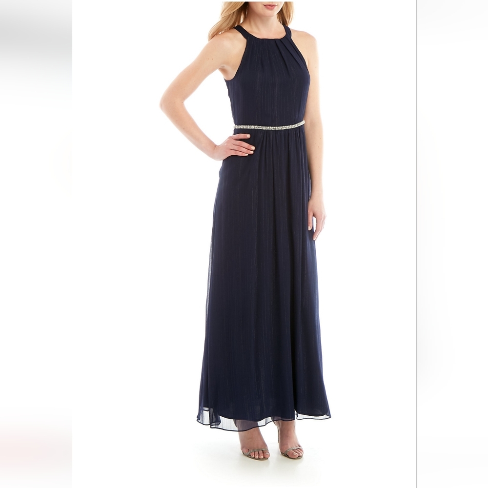 New Navy Halter Dress Women's Formal Gown Blue and Silver Size 14 SL Fashions NY